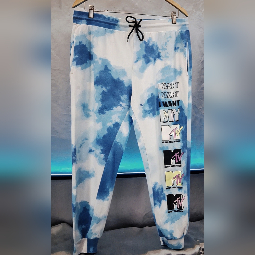 MTV Sweatpants Men's X-Large White Blue Tie-Dye